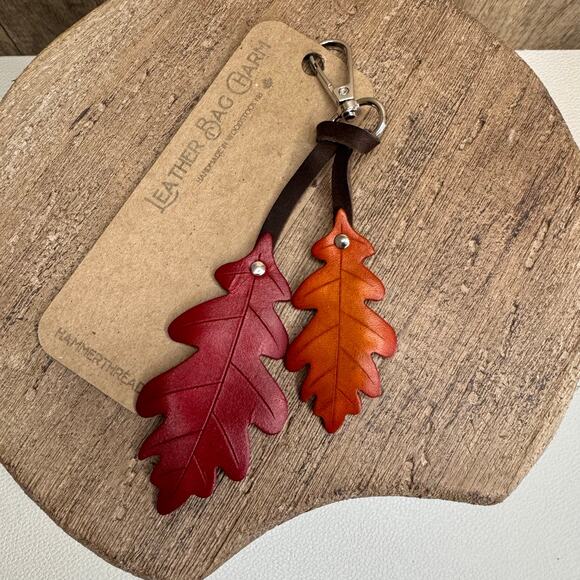 Leather Purse Charm Oak Tree Leaf Bag Charm Genuine Leather Purse Keychain NEW - Picture 3 of 6